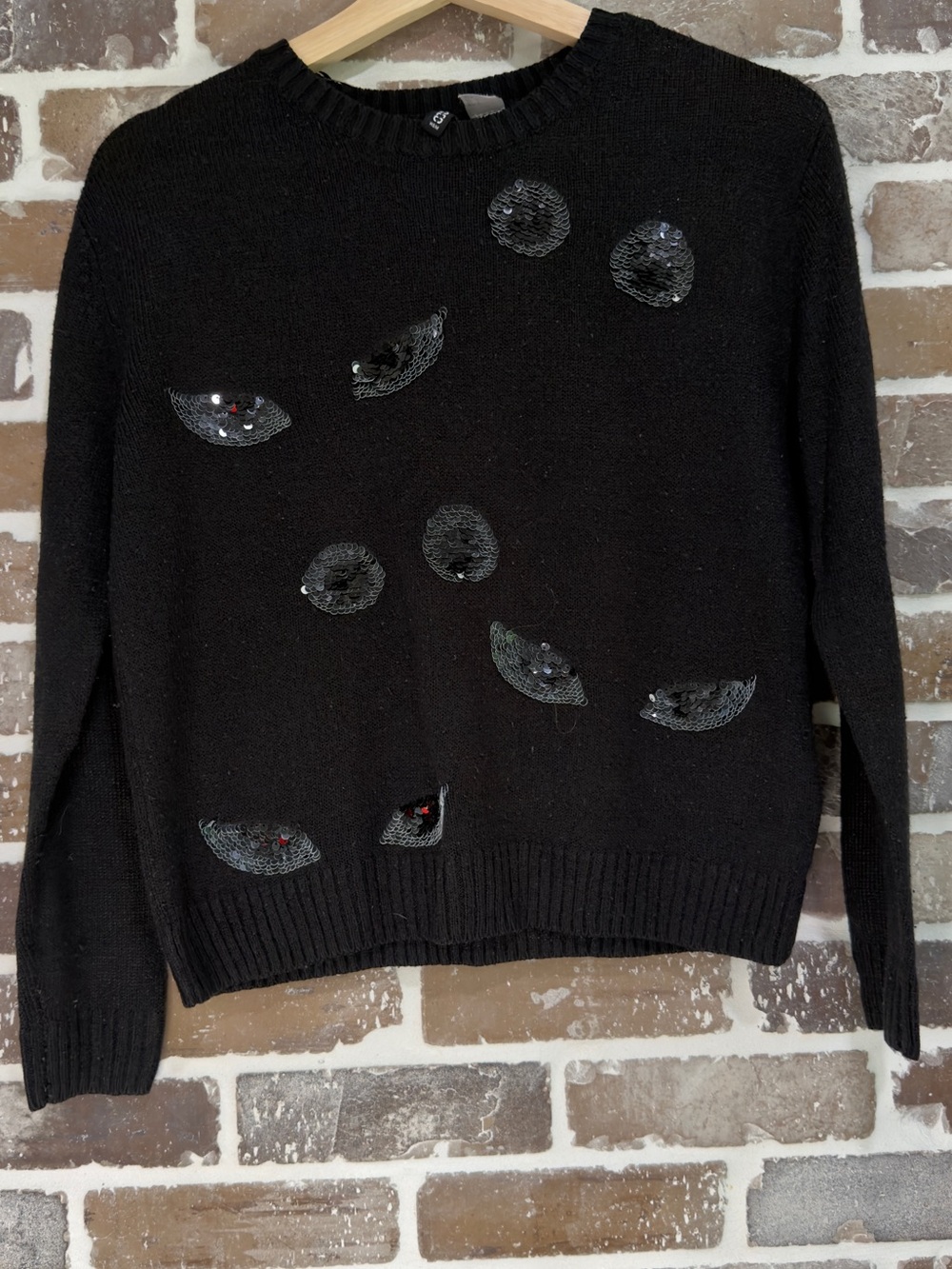 H&M Black Crewneck Knit Sweater with Red & White Sequin Eye Motifs, S - Picture 2 of 6